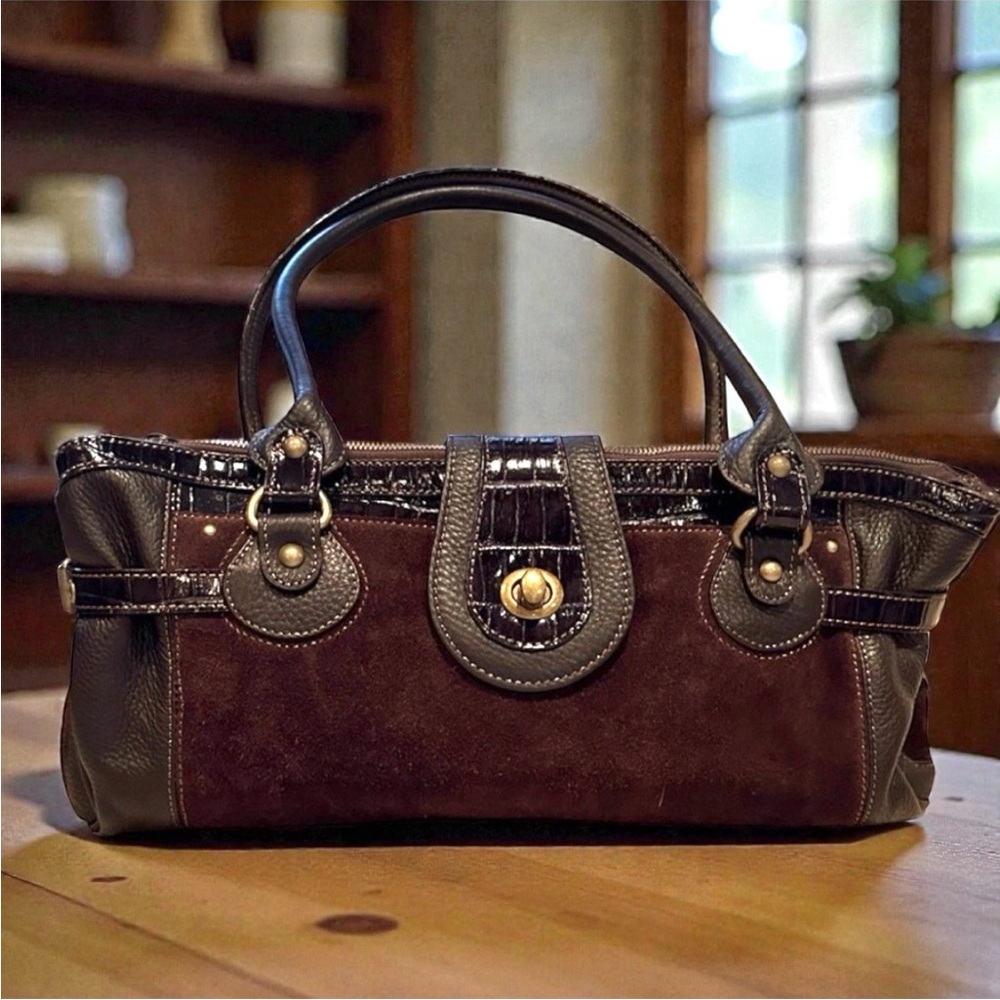 HOBO brown grain leather & suede handbag 15”x9” Like New Condition Vintage